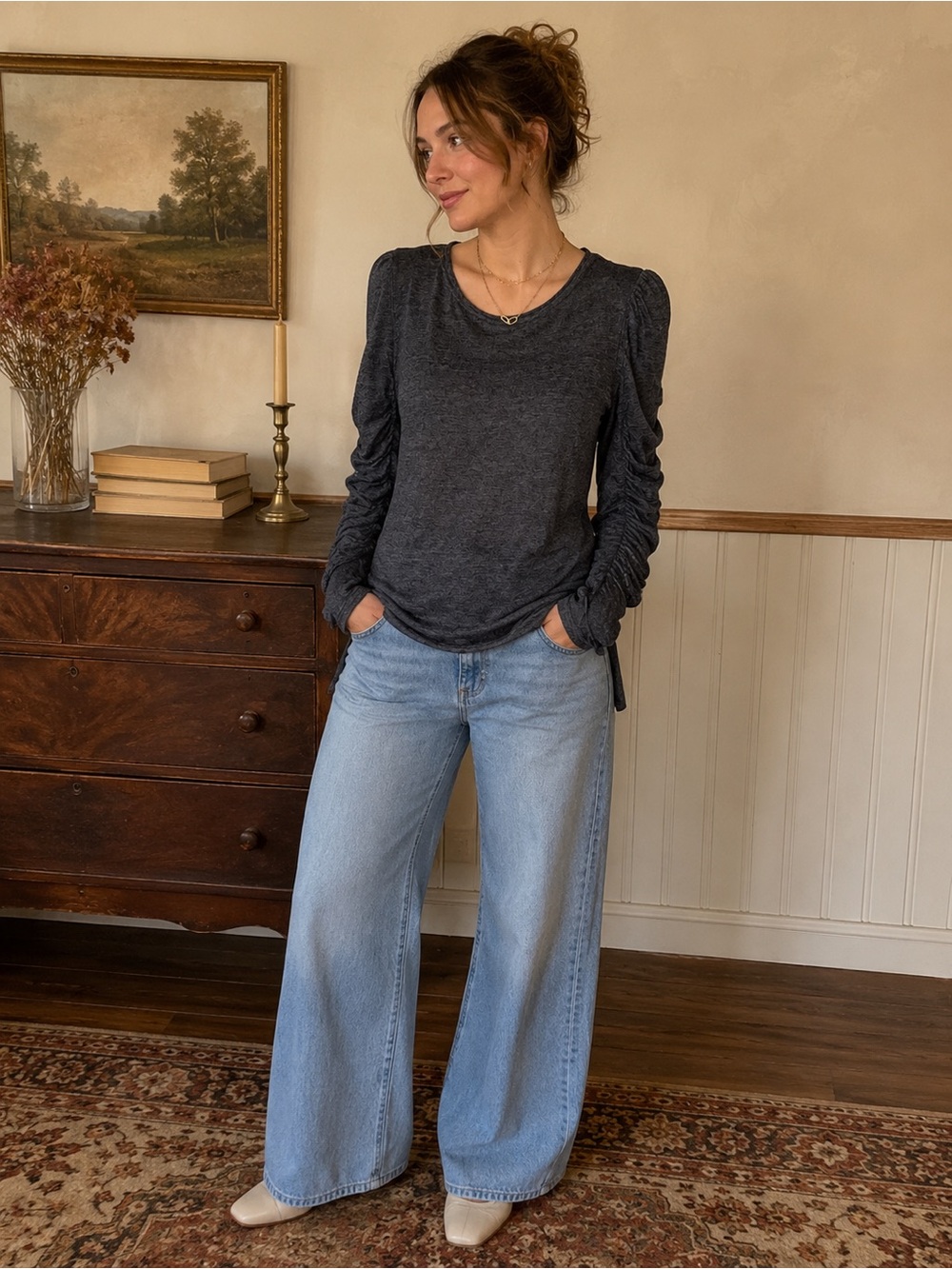 We The Free Charcoal Ruched Sleeve Top – Medium